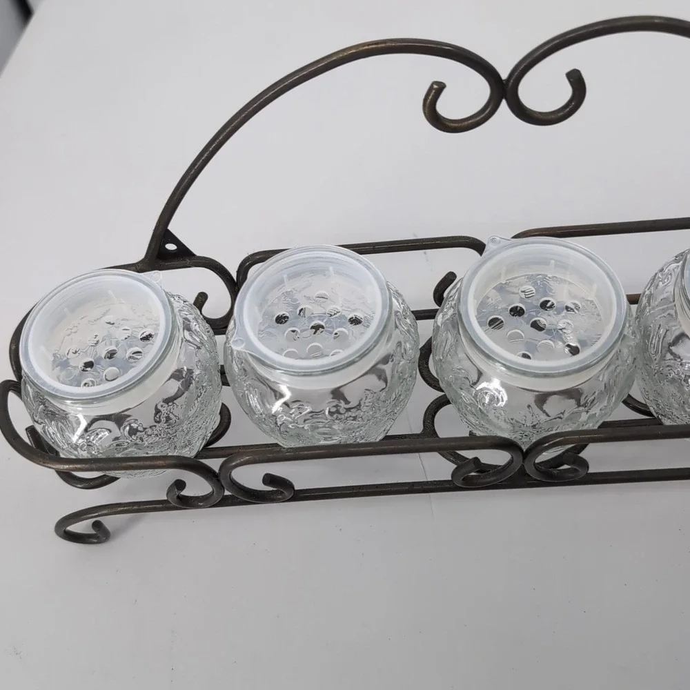 Princess House 5 Piece Fantasia Spice Jars with Bronze Wrought Iron Scroll Caddy